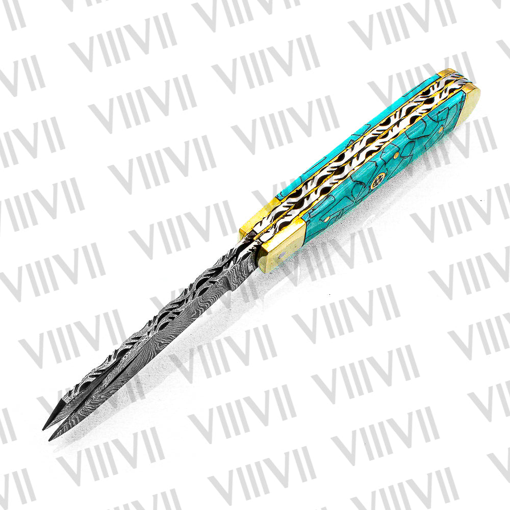 Double Blade Damascus Pocket Knife with Turquoise Resin Handle | Trapper Folding Knife with Clip & Spey Blades – Leather Sheath or Gift Box