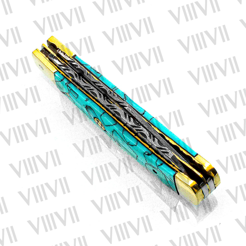 Double Blade Damascus Pocket Knife with Turquoise Resin Handle | Trapper Folding Knife with Clip & Spey Blades – Leather Sheath or Gift Box