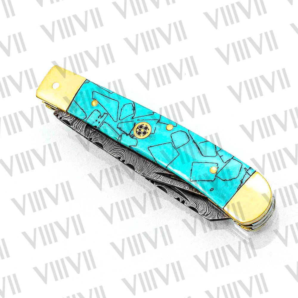 Double Blade Damascus Pocket Knife with Turquoise Resin Handle | Trapper Folding Knife with Clip & Spey Blades – Leather Sheath or Gift Box