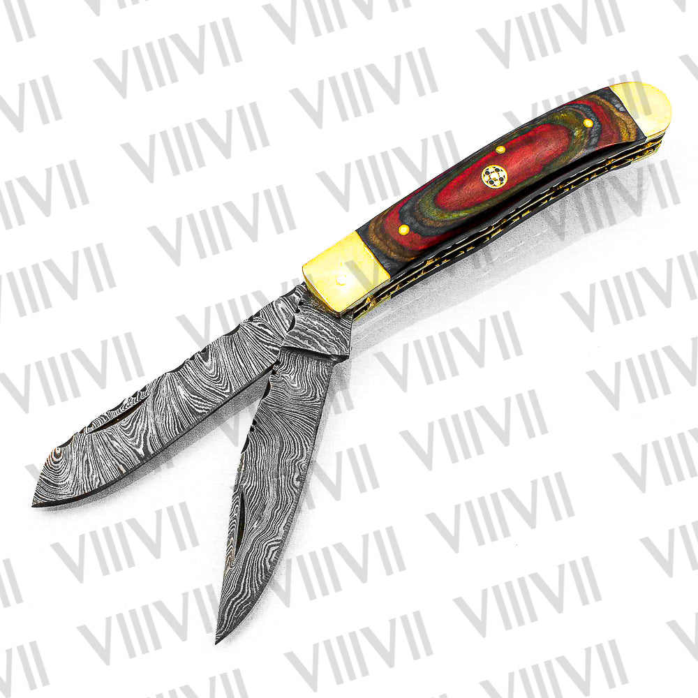 Double Blade Damascus Pocket Knife with Multi-Wood Handle | Trapper Folding Knife with Spey & Clip Point Blades – Leather Sheath or Gift Box