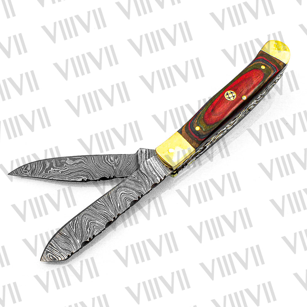 Double Blade Damascus Pocket Knife with Multi-Wood Handle | Trapper Folding Knife with Spey & Clip Point Blades – Leather Sheath or Gift Box