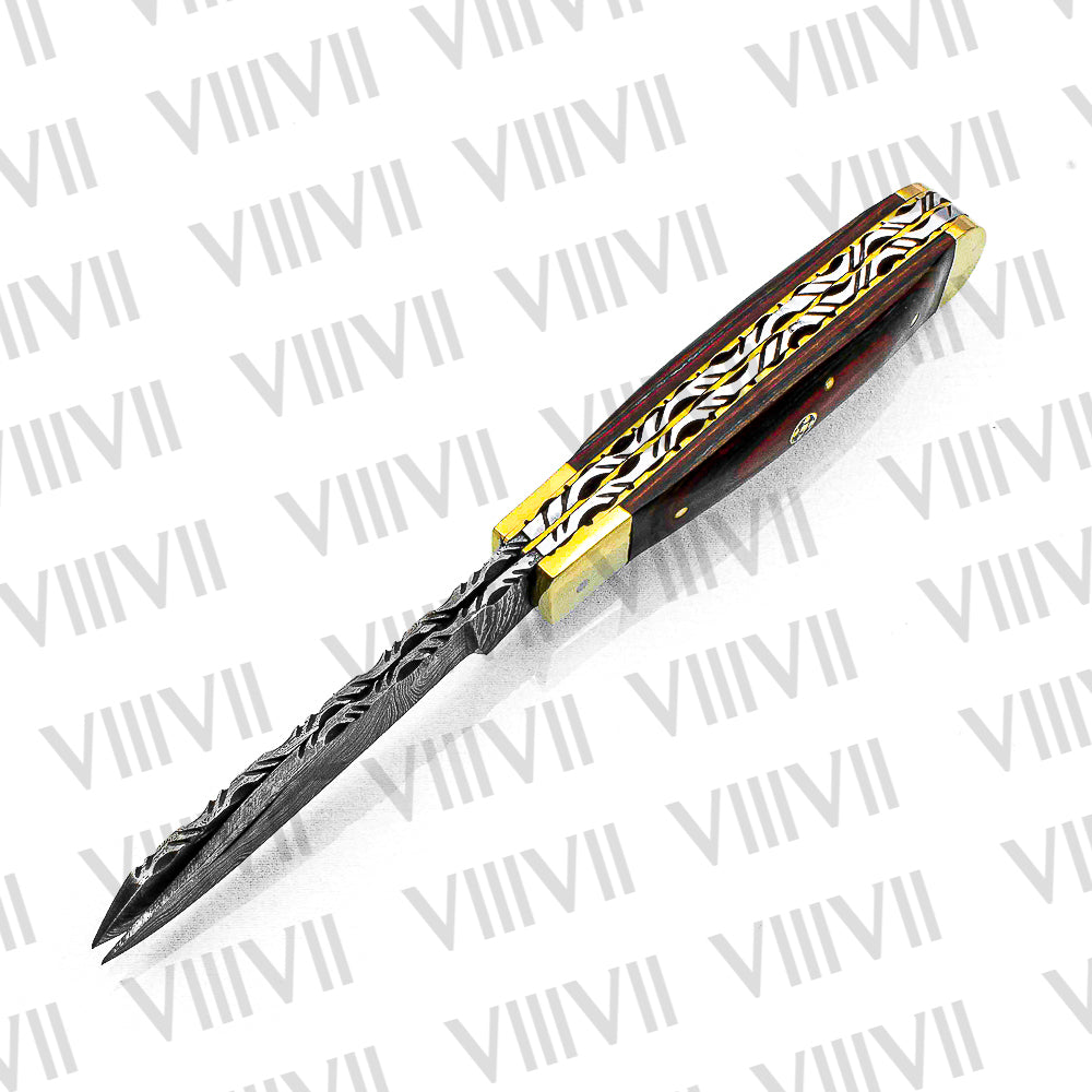 Double Blade Damascus Pocket Knife with Multi-Wood Handle | Trapper Folding Knife with Spey & Clip Point Blades – Leather Sheath or Gift Box