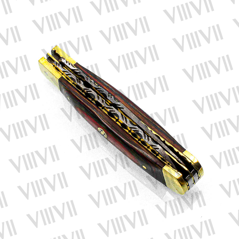 Double Blade Damascus Pocket Knife with Multi-Wood Handle | Trapper Folding Knife with Spey & Clip Point Blades – Leather Sheath or Gift Box