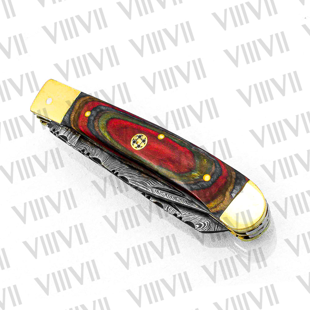 Double Blade Damascus Pocket Knife with Multi-Wood Handle | Trapper Folding Knife with Spey & Clip Point Blades – Leather Sheath or Gift Box