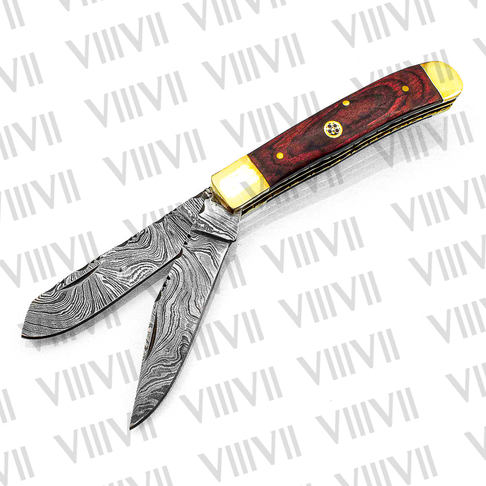 Double Blade Damascus Pocket Knife with Pakka Wood Handle | Trapper Folding Knife with Clip & Spey Blades – Leather Sheath or Gift Box
