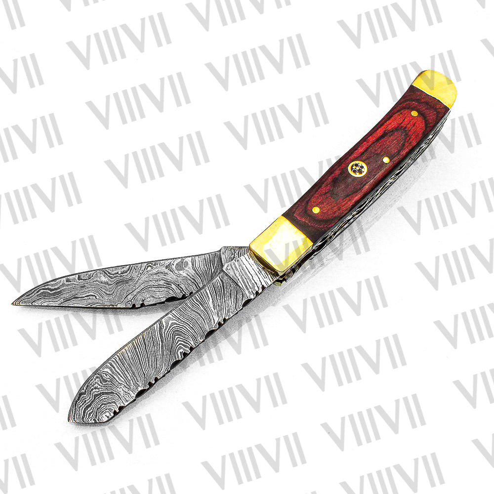 Double Blade Damascus Pocket Knife with Pakka Wood Handle | Trapper Folding Knife with Clip & Spey Blades – Leather Sheath or Gift Box