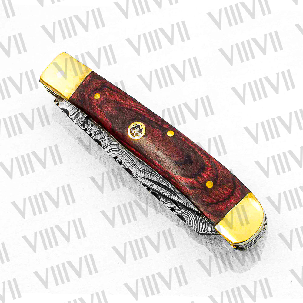 Double Blade Damascus Pocket Knife with Pakka Wood Handle | Trapper Folding Knife with Clip & Spey Blades – Leather Sheath or Gift Box
