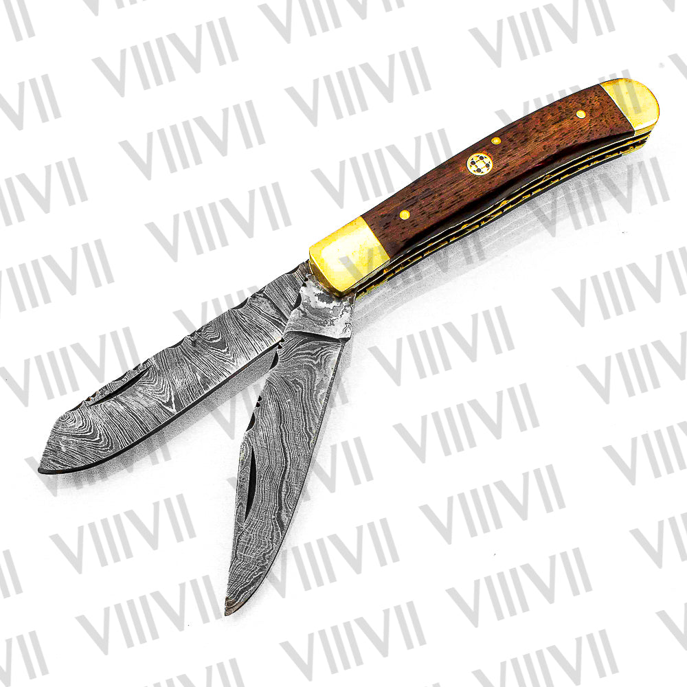 Double Blade Damascus Pocket Knife with Rosewood Handle | Trapper Folding Knife with Clip & Spey Blades – Leather Sheath or Gift Box
