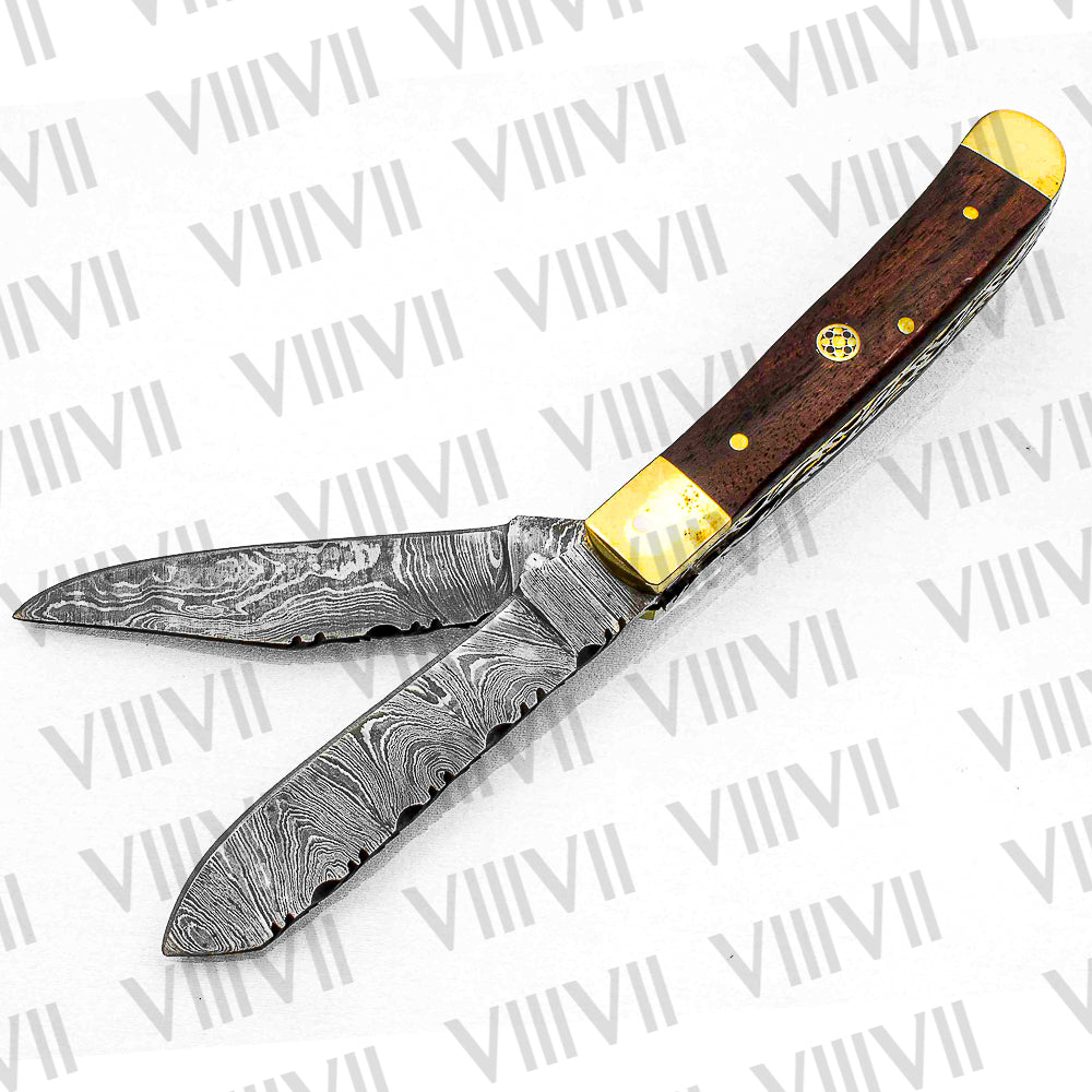 Double Blade Damascus Pocket Knife with Rosewood Handle | Trapper Folding Knife with Clip & Spey Blades – Leather Sheath or Gift Box