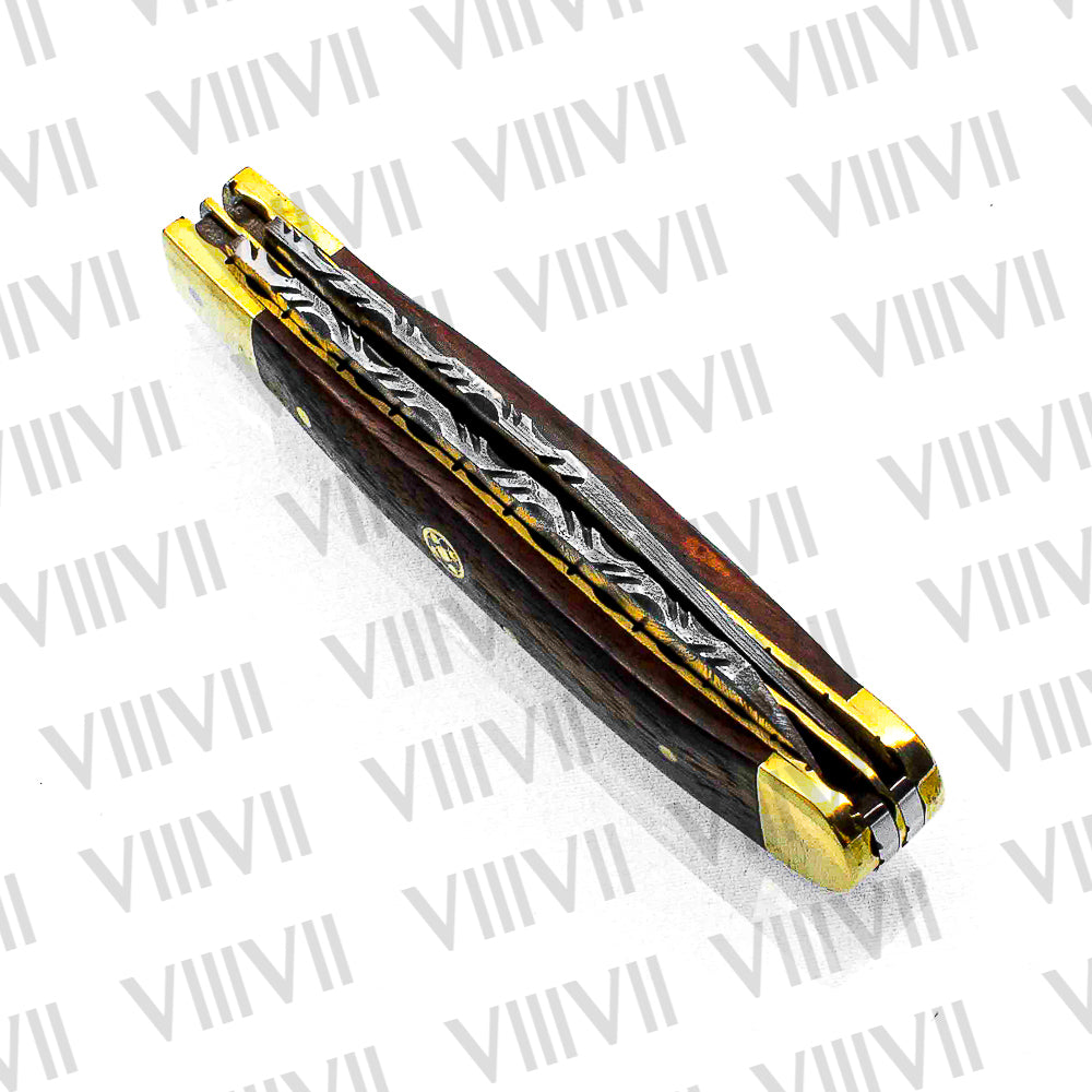 Double Blade Damascus Pocket Knife with Rosewood Handle | Trapper Folding Knife with Clip & Spey Blades – Leather Sheath or Gift Box