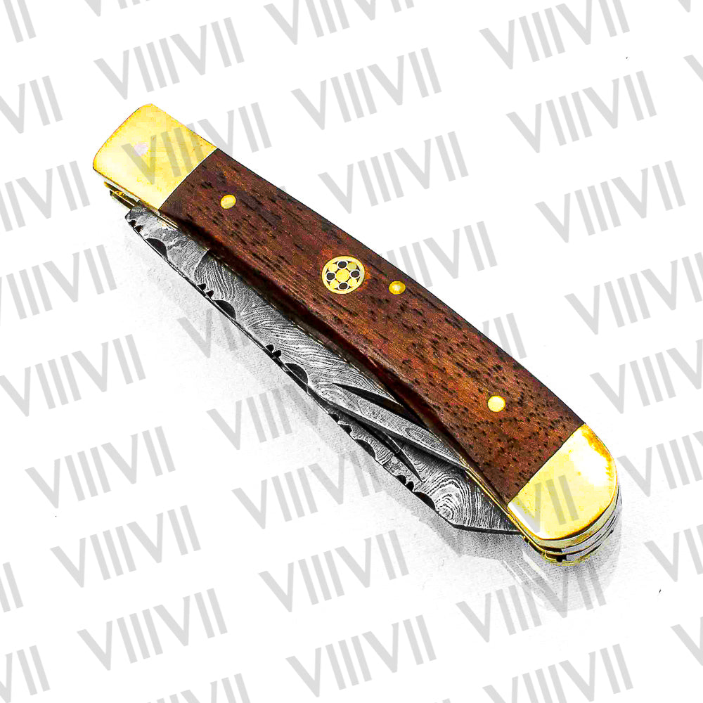 Double Blade Damascus Pocket Knife with Rosewood Handle | Trapper Folding Knife with Clip & Spey Blades – Leather Sheath or Gift Box