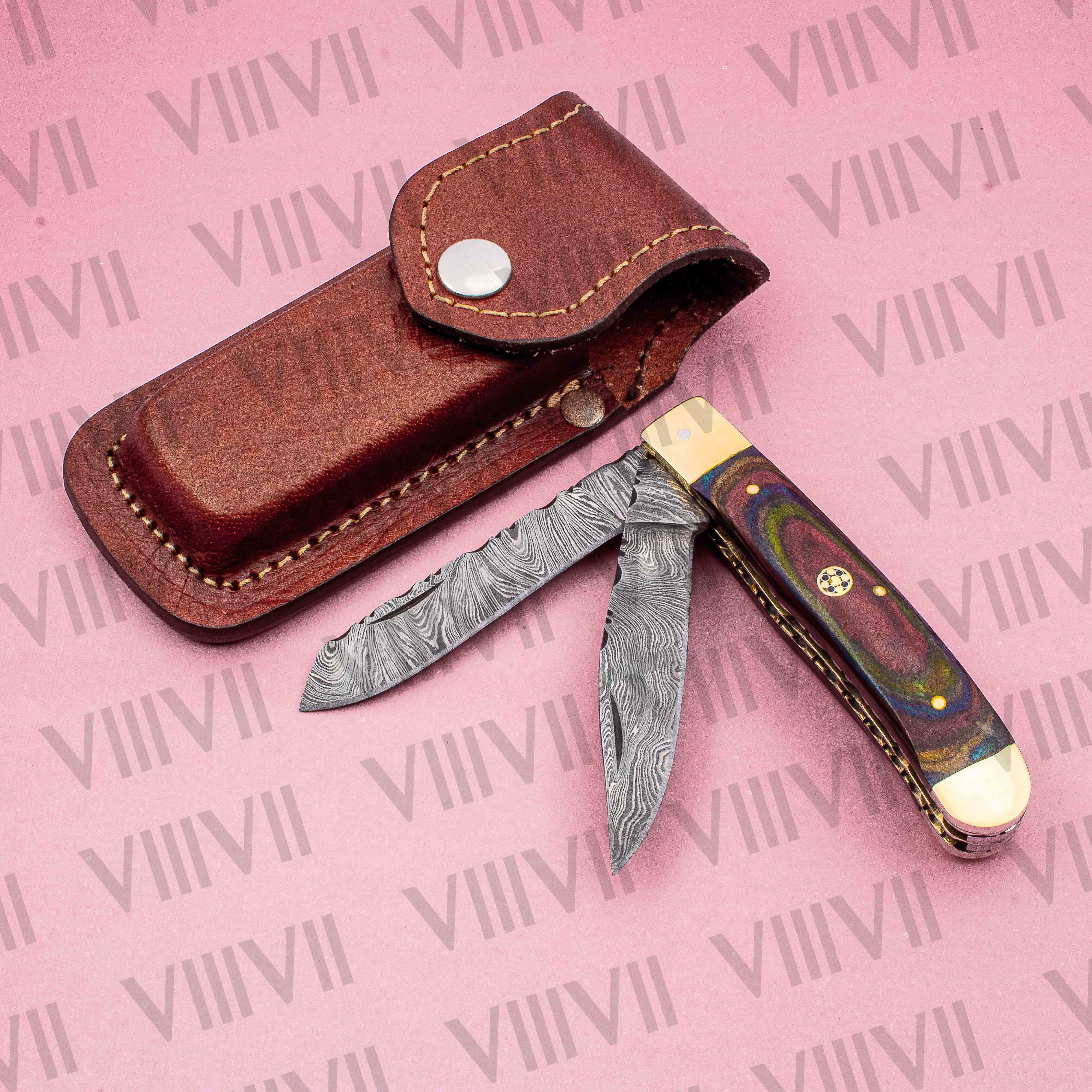 Double Blade Damascus Pocket Knife with Multi-Wood Handle | Trapper Folding Knife with Spey & Clip Point Blades – Leather Sheath or Gift Box