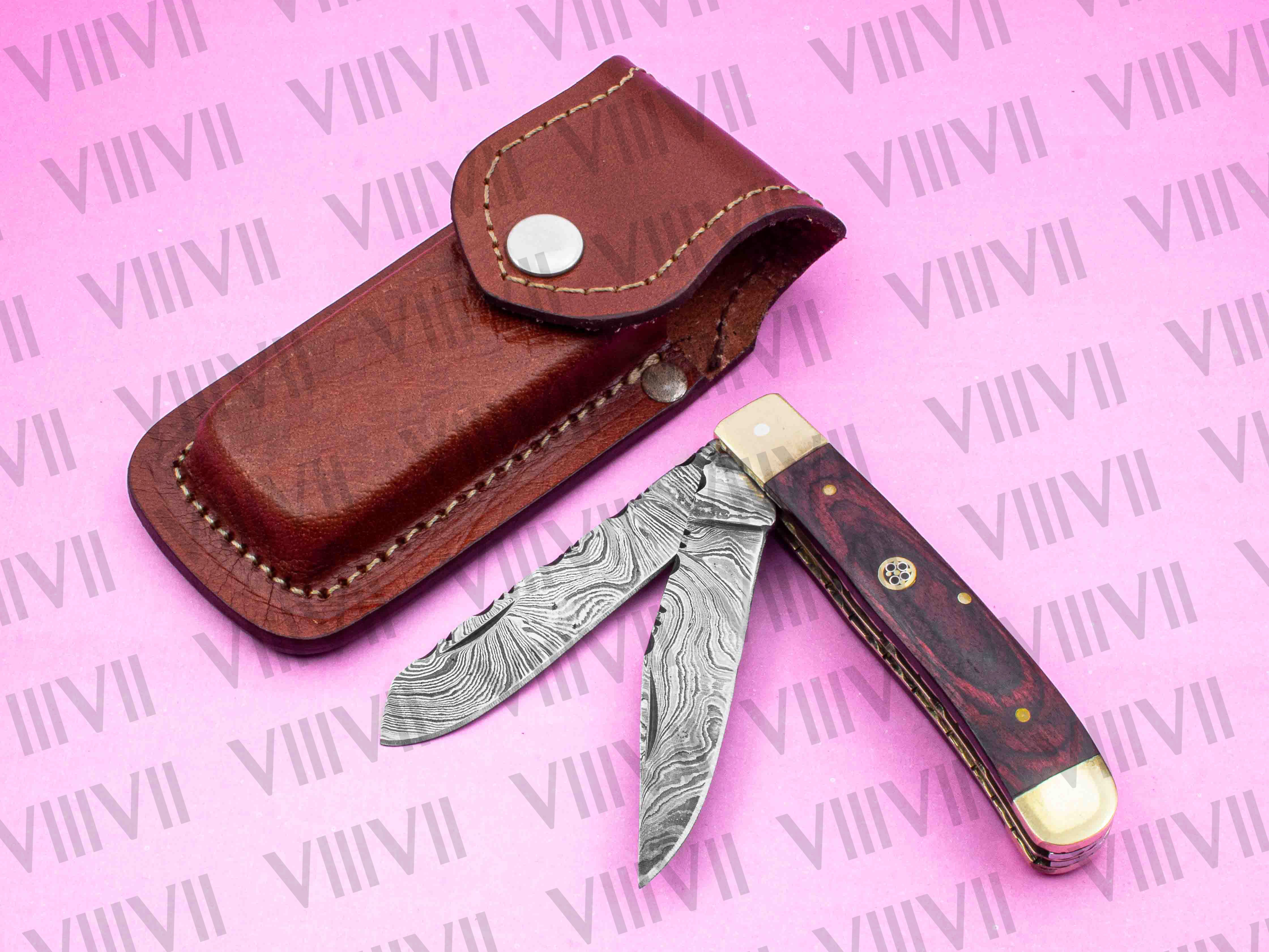 Double Blade Damascus Pocket Knife with Pakka Wood Handle | Trapper Folding Knife with Clip & Spey Blades – Leather Sheath or Gift Box