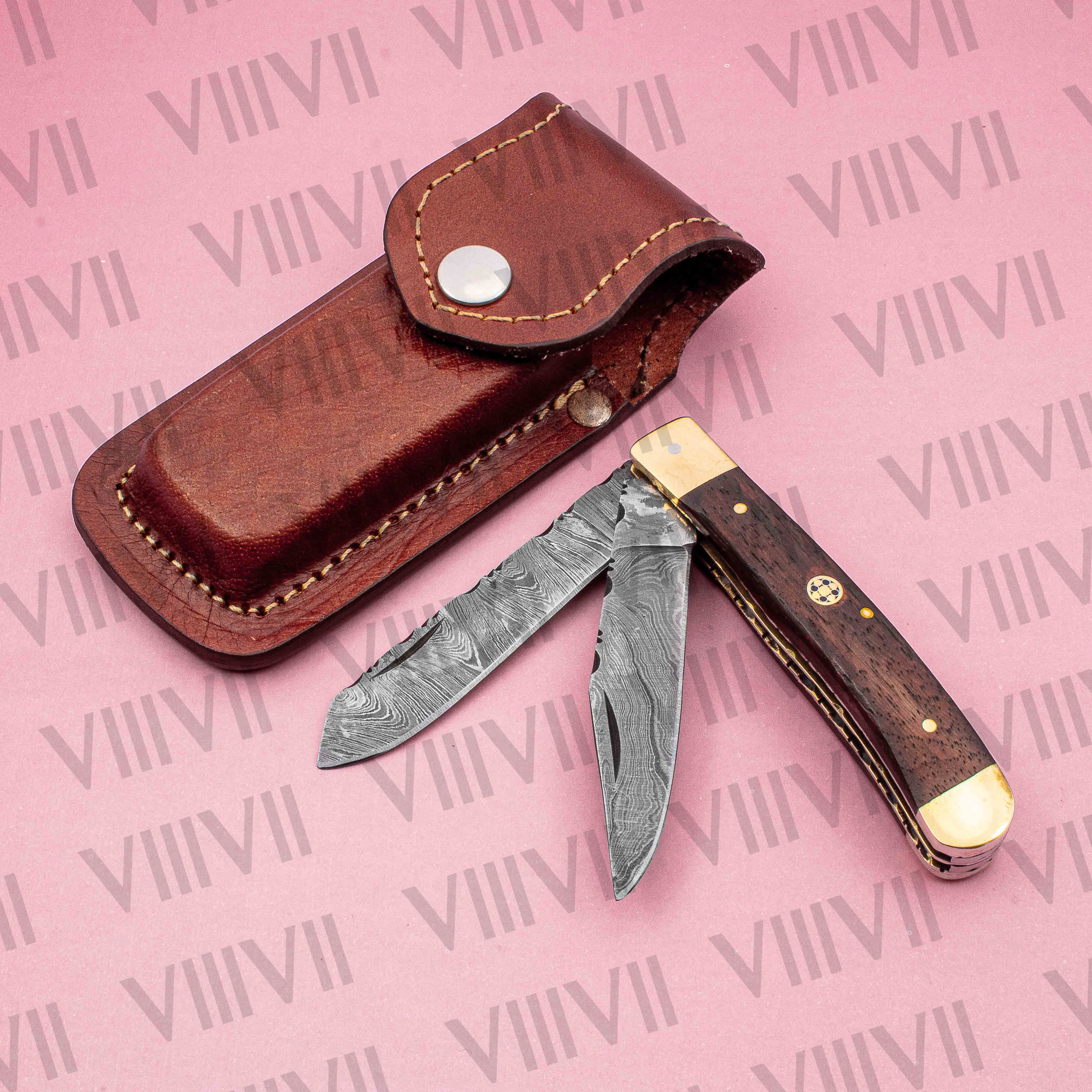 Double Blade Damascus Pocket Knife with Rosewood Handle | Trapper Folding Knife with Clip & Spey Blades – Leather Sheath or Gift Box