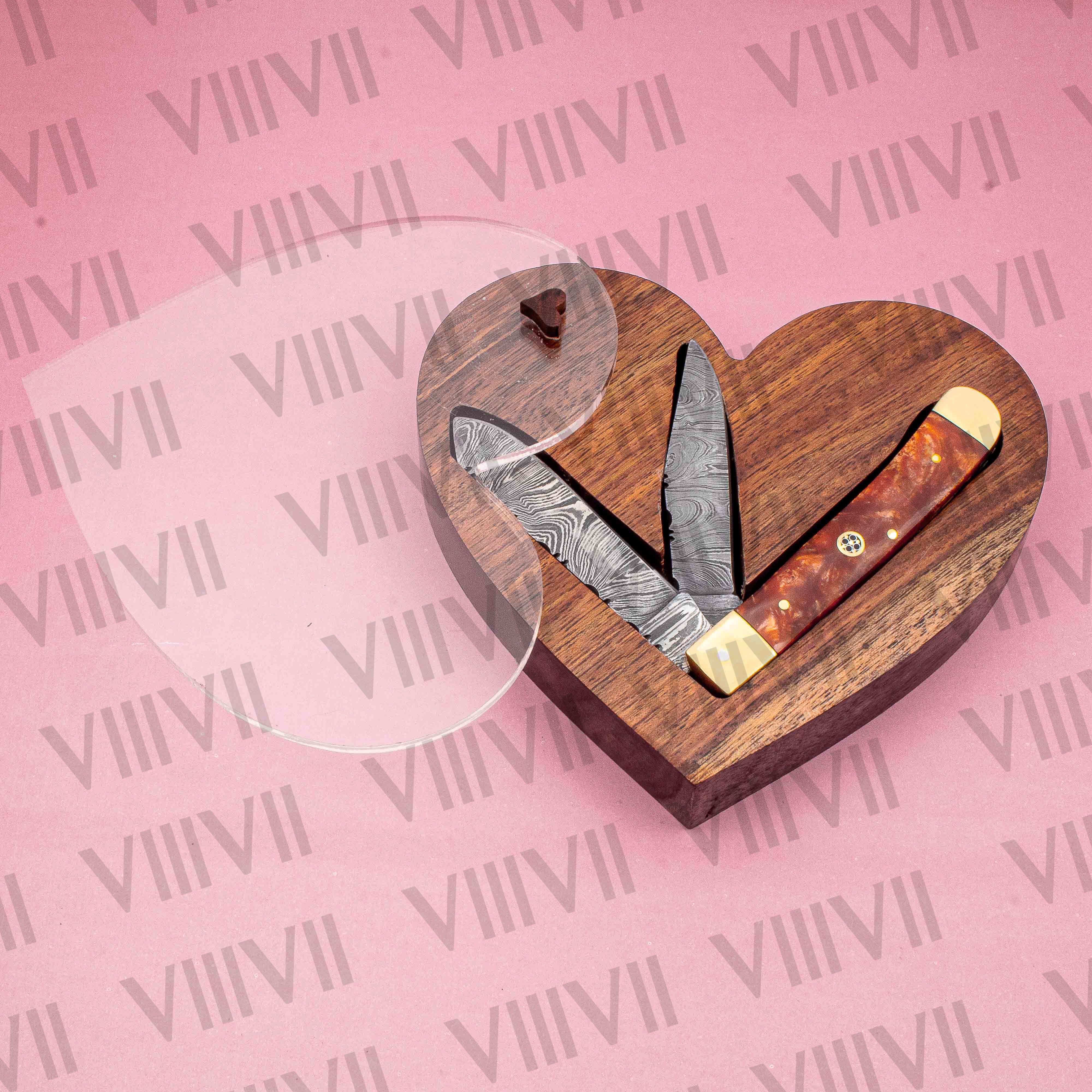 Double Blade Damascus Pocket Knife with Orange Resin Handle | Trapper Folding Knife with Clip & Spey Blades – Gift Box or Leather Sheath