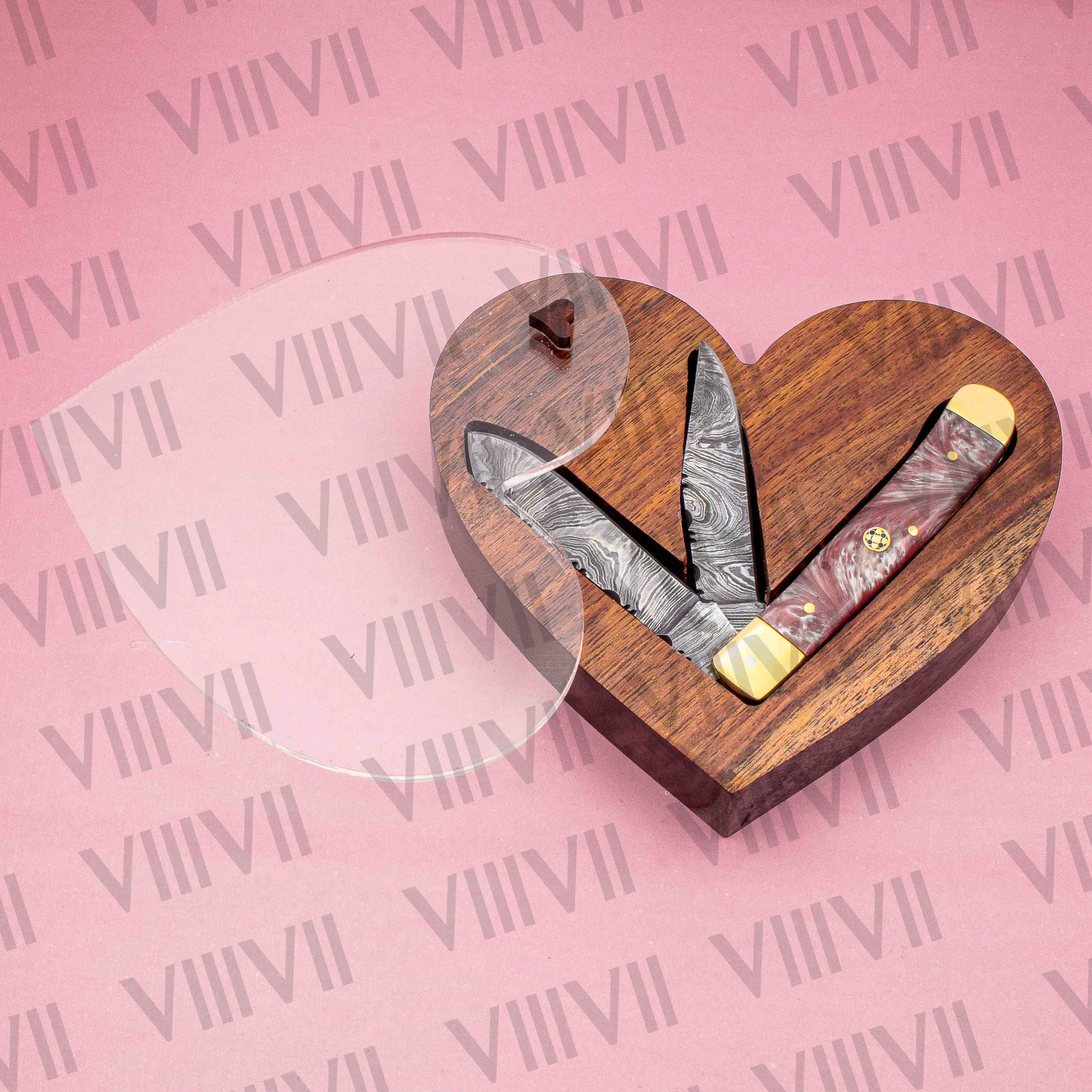 Double Blade Damascus Pocket Knife with Pink Resin Handle | Trapper Folding Knife with Clip & Spey Blades – Gift Box or Leather Sheath