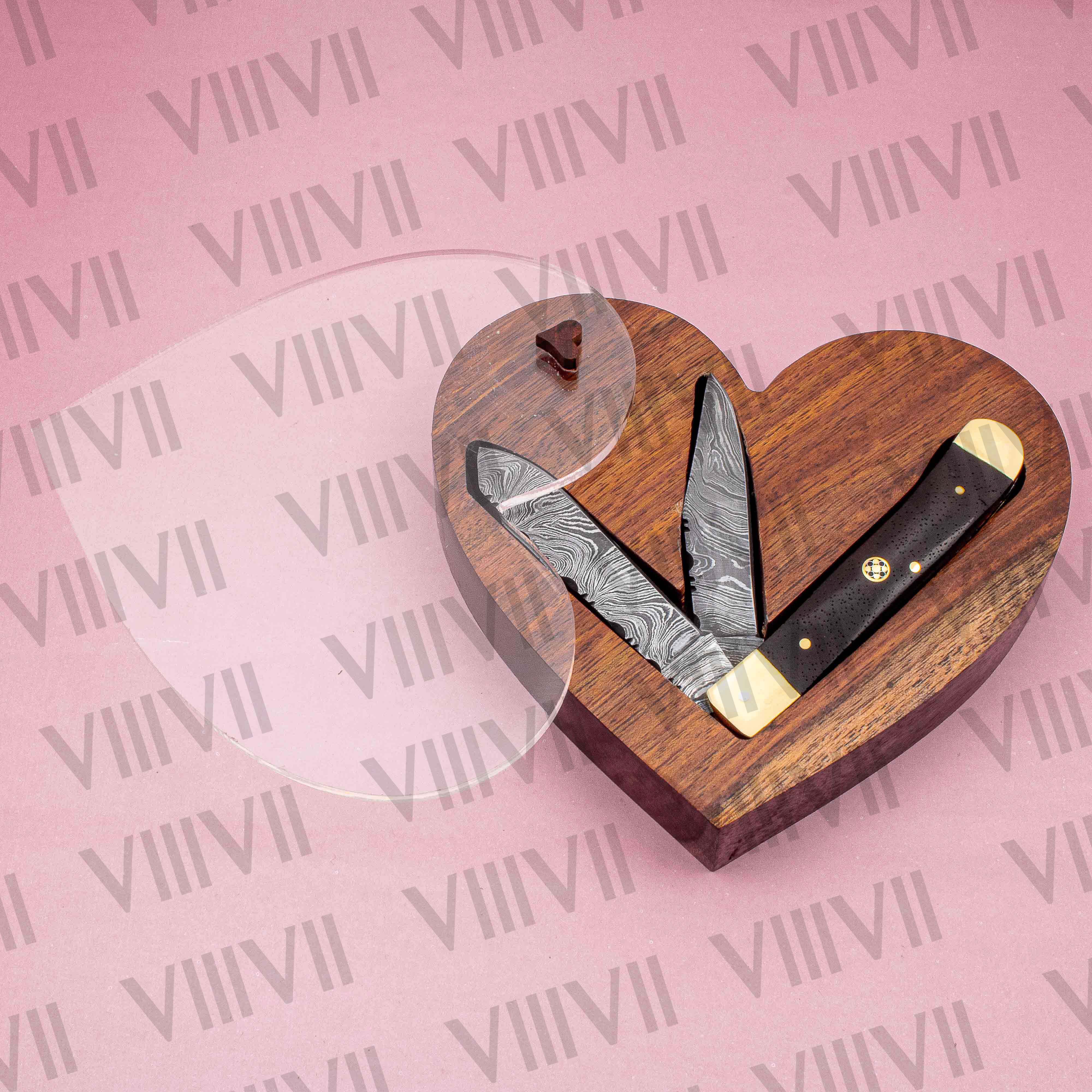 Double Blade Damascus Pocket Knife with Dollar Wood Handle | Trapper Folding Knife with Spey & Clip Point Blades – Gift Box or Leather Sheath