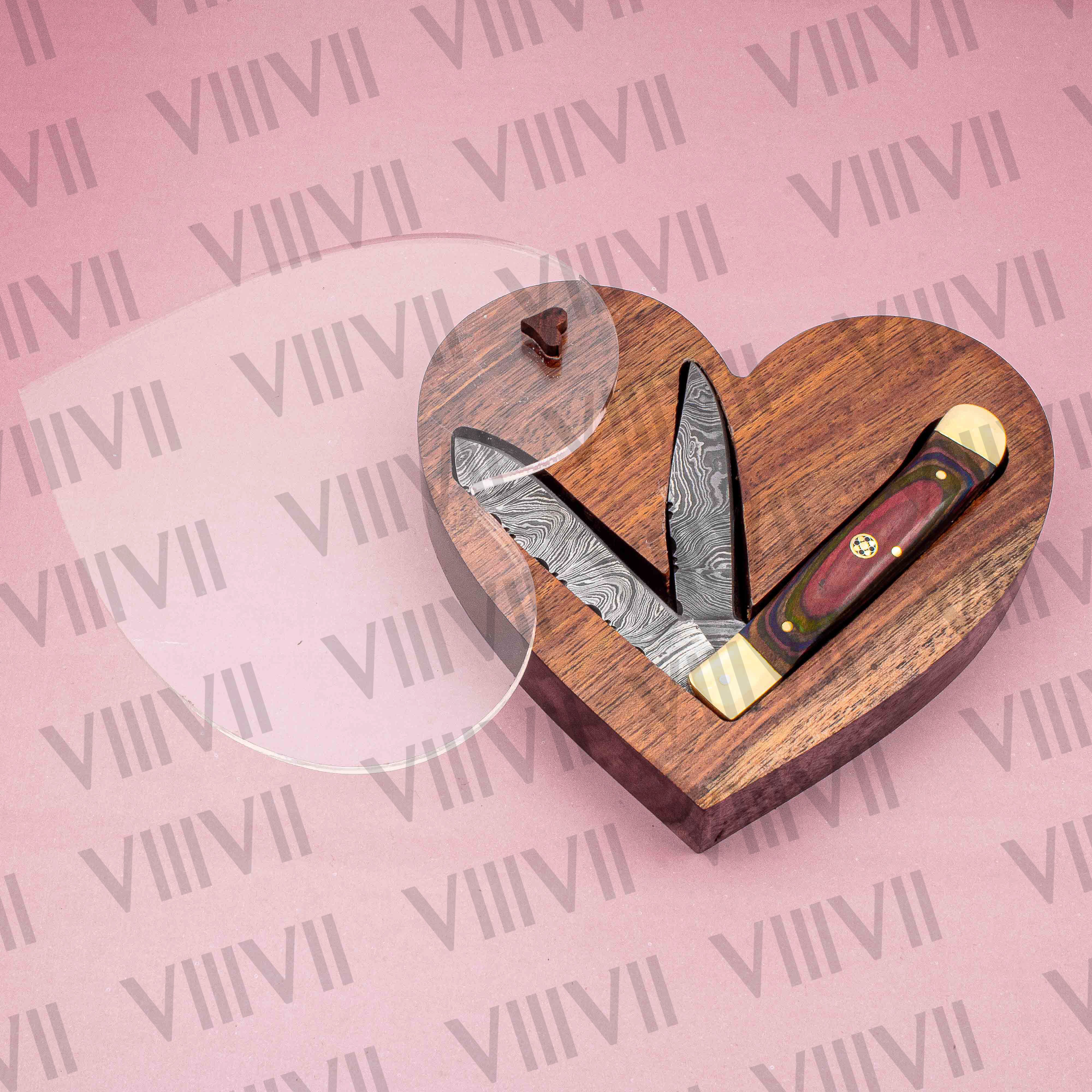 Double Blade Damascus Pocket Knife with Multi-Wood Handle | Trapper Folding Knife with Spey & Clip Point Blades – Leather Sheath or Gift Box