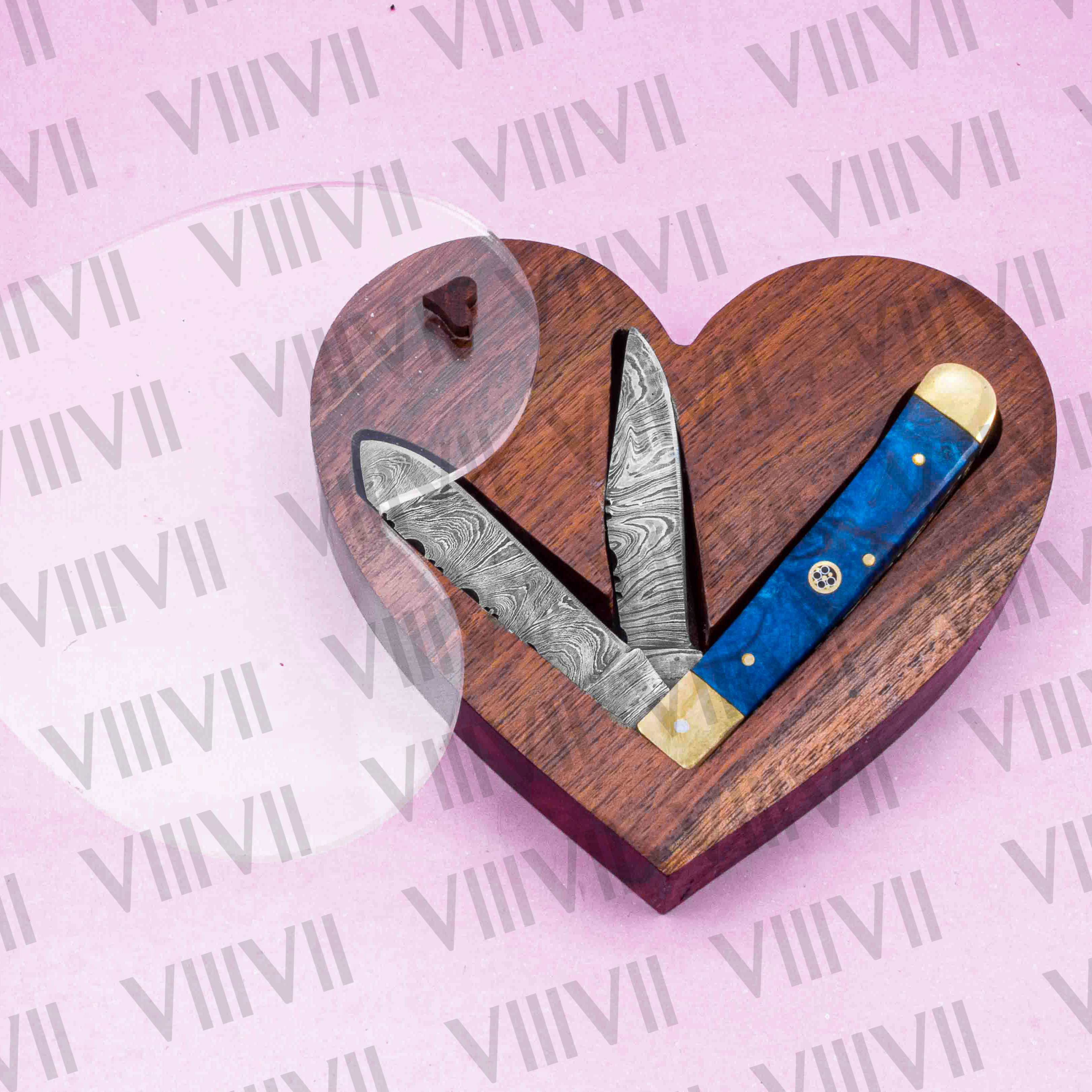 Double Blade Damascus Pocket Knife with Blue Resin Handle | Trapper Folding Knife with Clip & Spey Blades – Gift Box or Leather Sheath