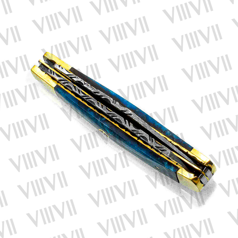 Double Blade Damascus Pocket Knife with Blue Resin Handle | Trapper Folding Knife with Clip & Spey Blades – Gift Box or Leather Sheath