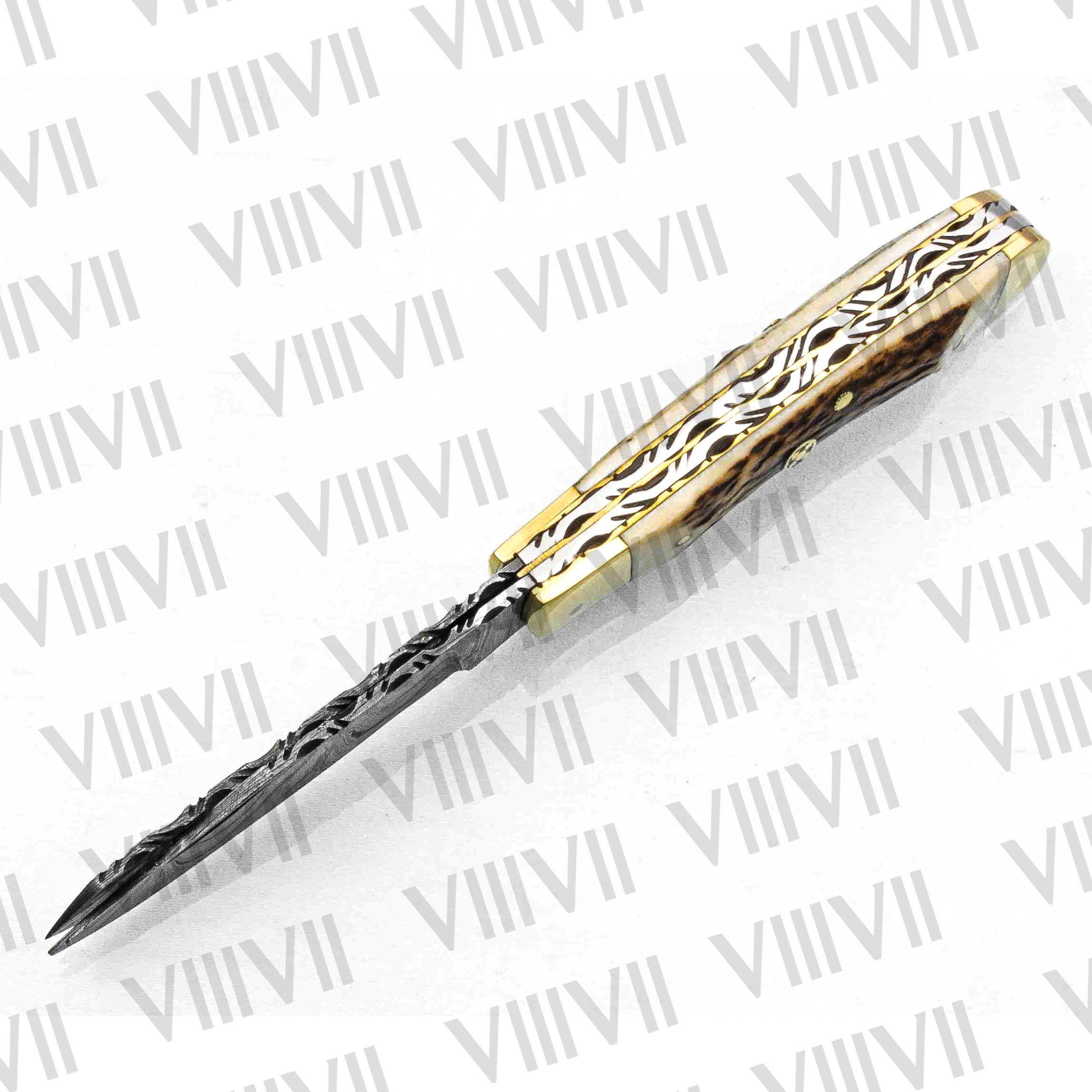 Double Blade Damascus Pocket Knife with Genuine Stag Handle | Trapper Folding Knife with Clip & Spey Blades – Leather Sheath or Gift Box