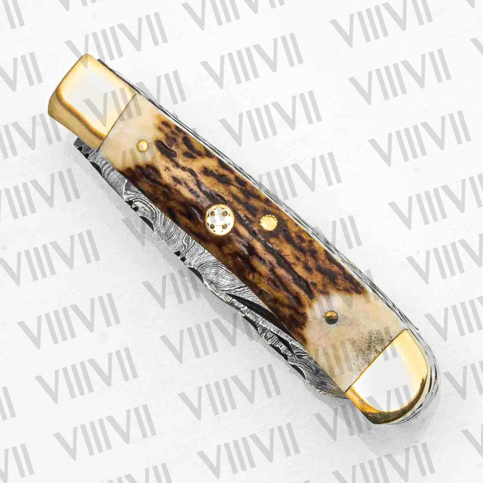 Double Blade Damascus Pocket Knife with Genuine Stag Handle | Trapper Folding Knife with Clip & Spey Blades – Leather Sheath or Gift Box