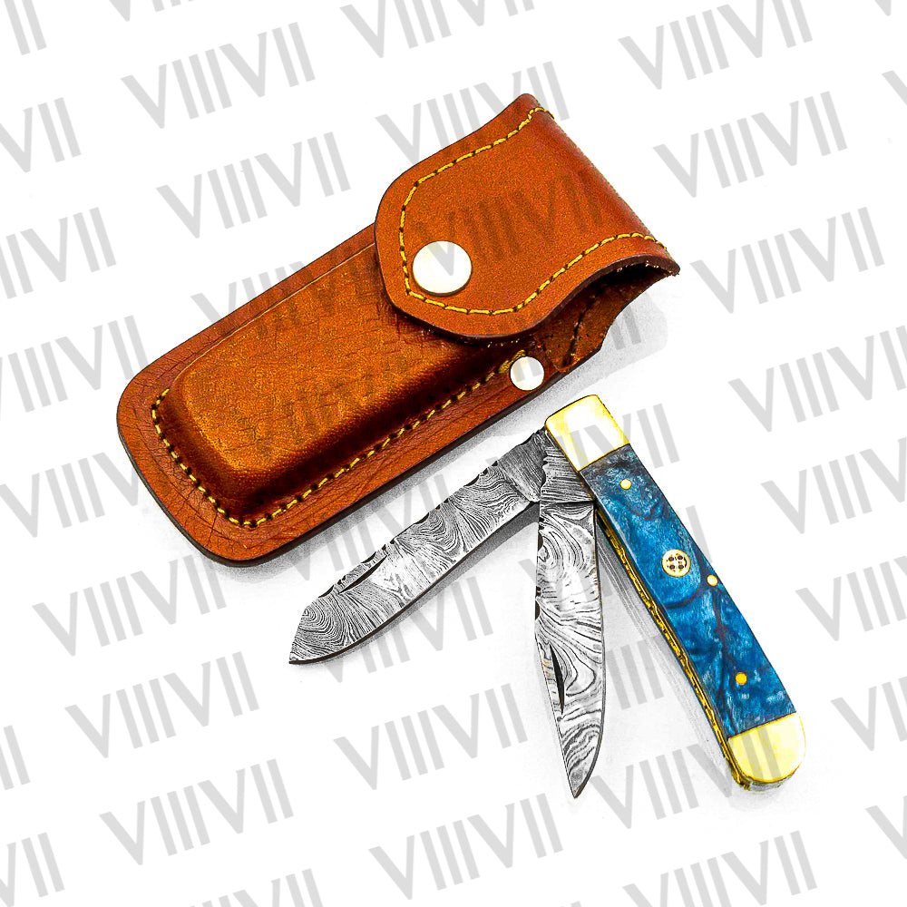 Double Blade Damascus Pocket Knife with Blue Resin Handle | Trapper Folding Knife with Clip & Spey Blades – Gift Box or Leather Sheath