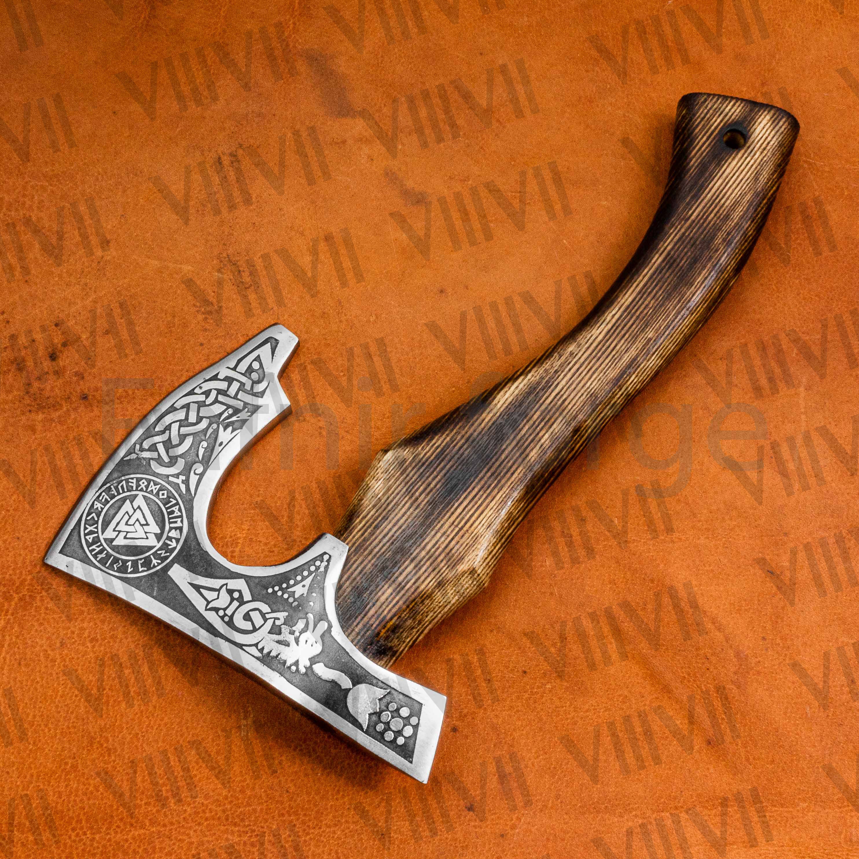 Viking Axe with Etched Blade | Ash Wood Shaft | Handcrafted Norse-Inspired Gift for Him