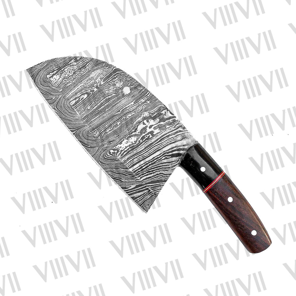 Damascus Steel Serbian Cleaver with Red Padauk Handle and Leather Sheath Hand Forged Full Tang Kitchen Knife