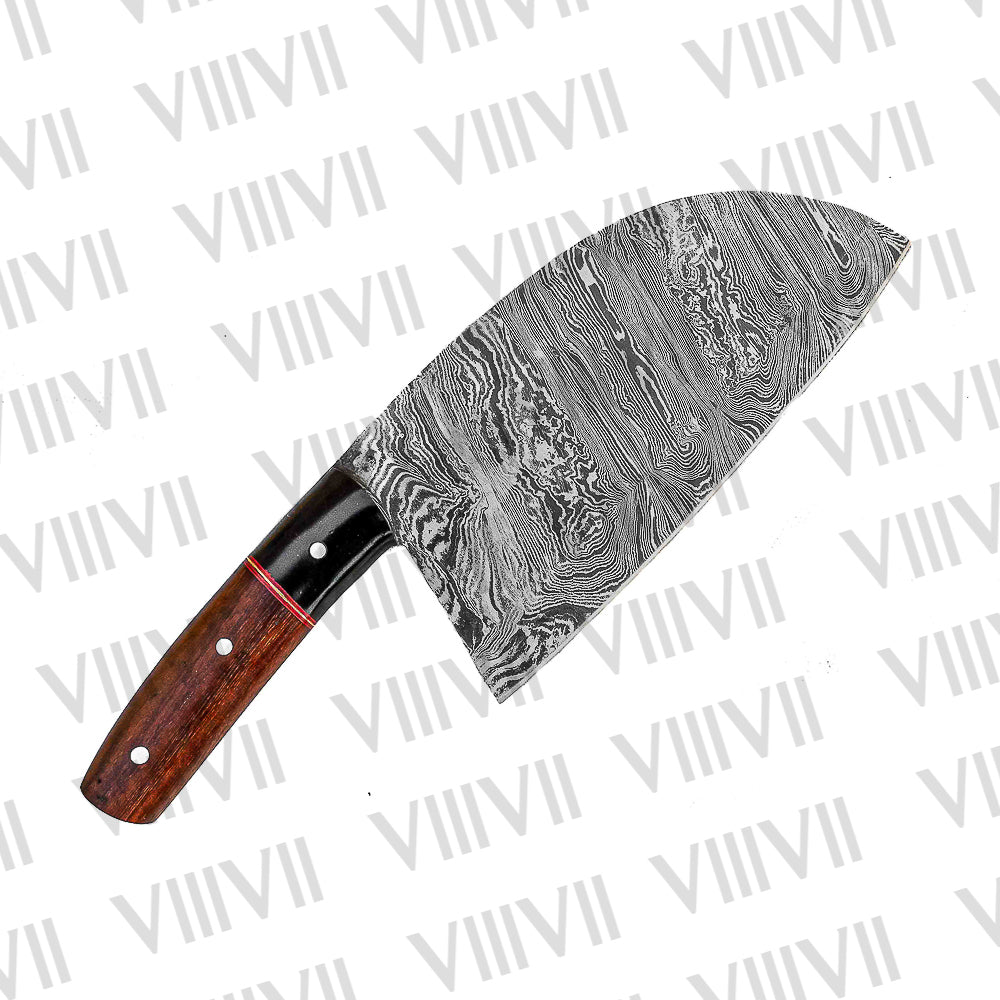 Damascus Steel Serbian Cleaver with Red Padauk Handle and Leather Sheath Hand Forged Full Tang Kitchen Knife