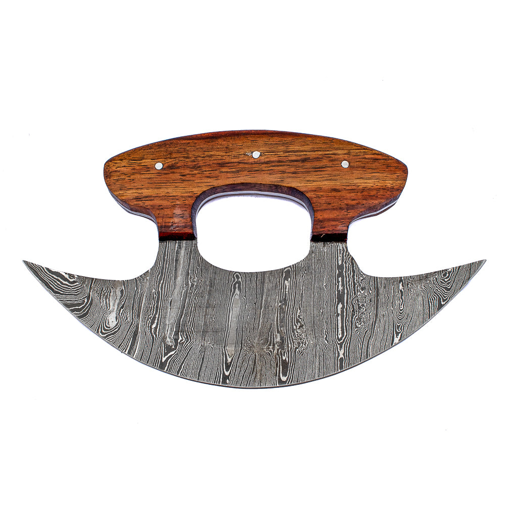 Damascus Steel Pizza Knife | Alaskan Ulu Knife with Rosewood Handle | Handmade Kitchen Tool & Gift