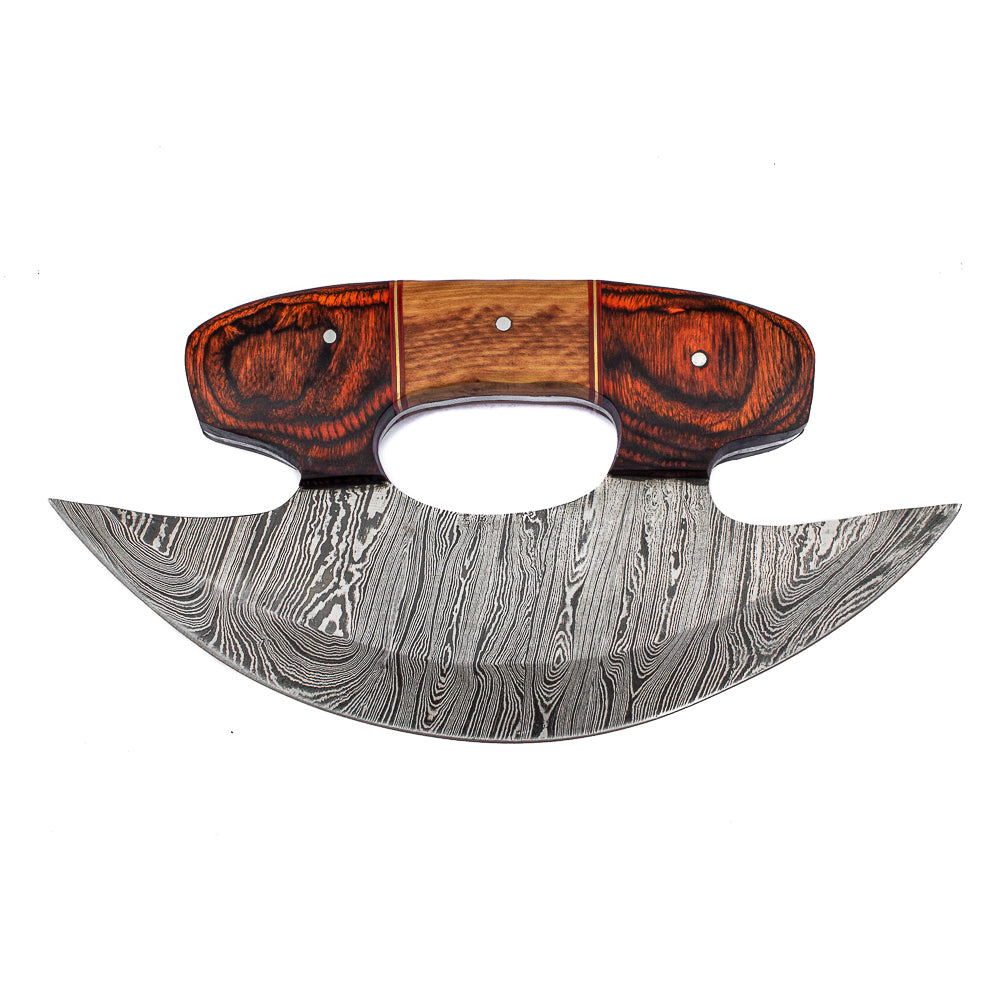 Damascus Steel Pizza Knife | Alaskan Ulu Knife with Rosewood & Olive Wood Handle | Handmade Kitchen Tool & Gift