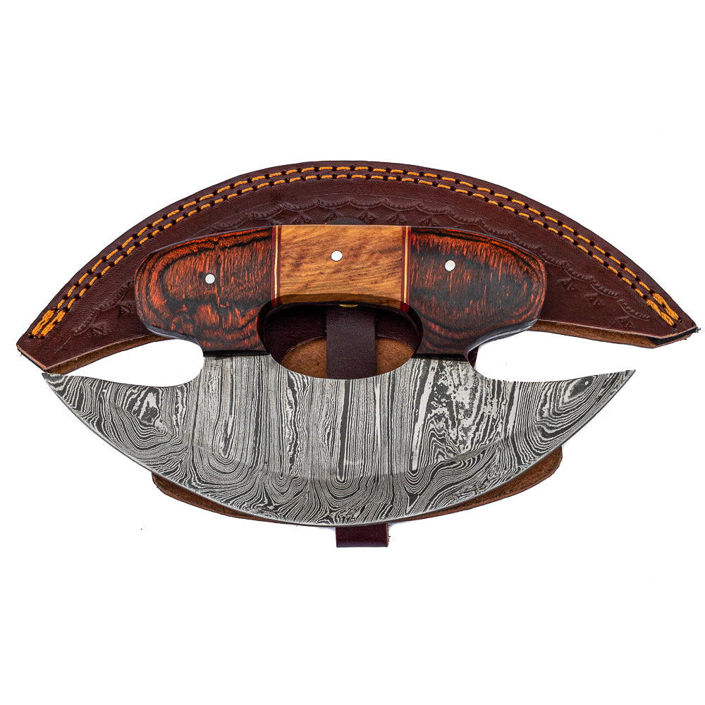 Damascus Steel Pizza Knife | Alaskan Ulu Knife with Rosewood & Olive Wood Handle | Handmade Kitchen Tool & Gift