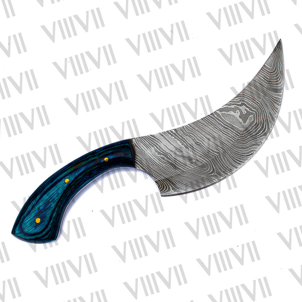 Handcrafted Herbs Knife with Damascus Steel Blade & Blue Wood Handle – Unique Kitchen Tool