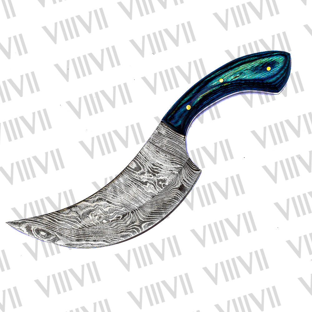 Handcrafted Herbs Knife with Damascus Steel Blade & Blue Wood Handle – Unique Kitchen Tool