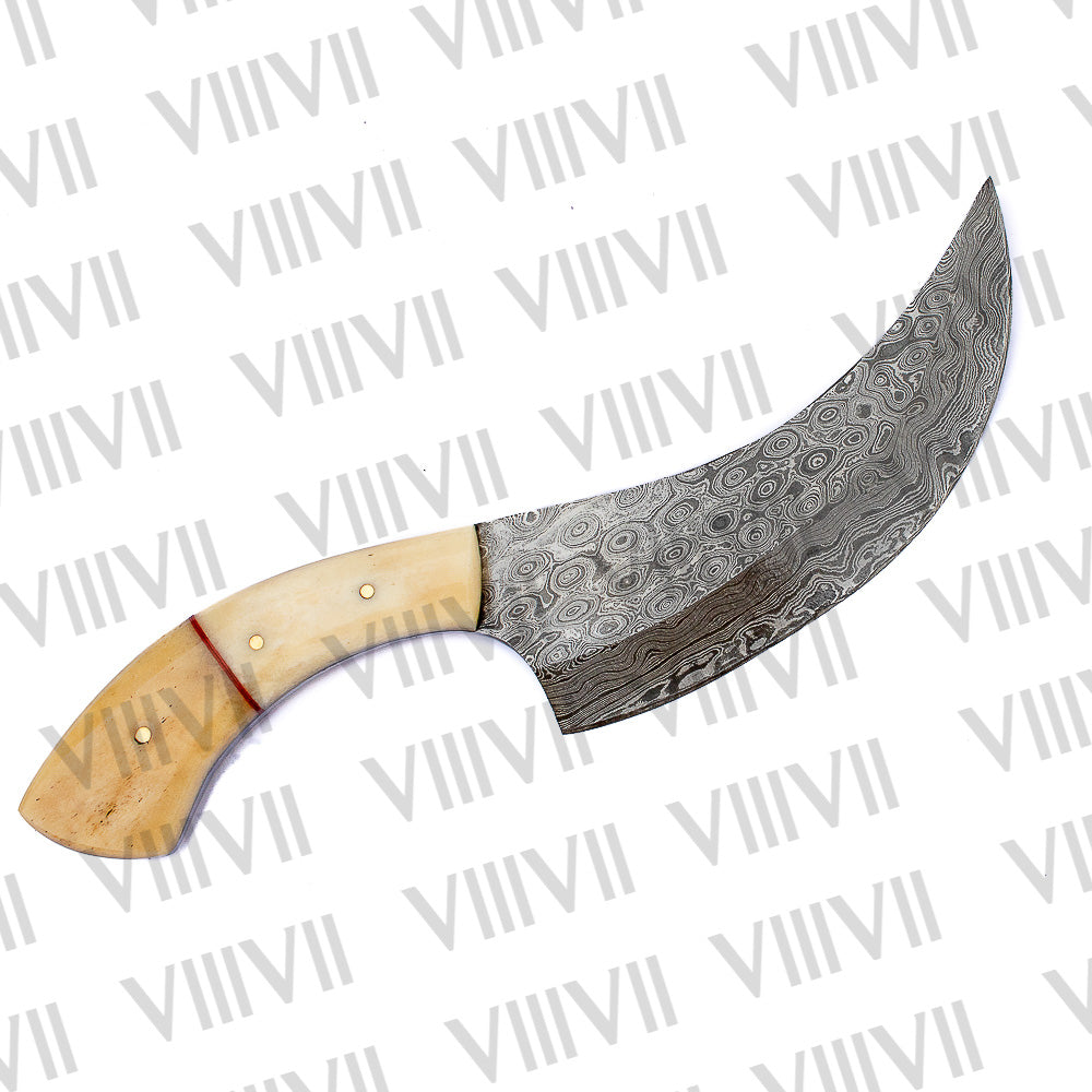 Handcrafted Herbs Knife with Damascus Steel Blade & Bone Handle – Elegant Kitchen Tool