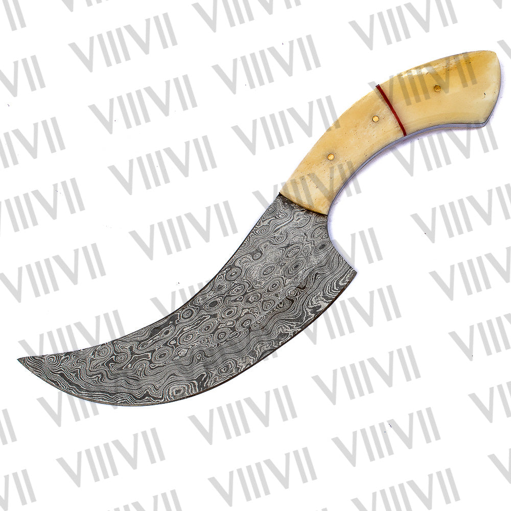 Handcrafted Herbs Knife with Damascus Steel Blade & Bone Handle – Elegant Kitchen Tool