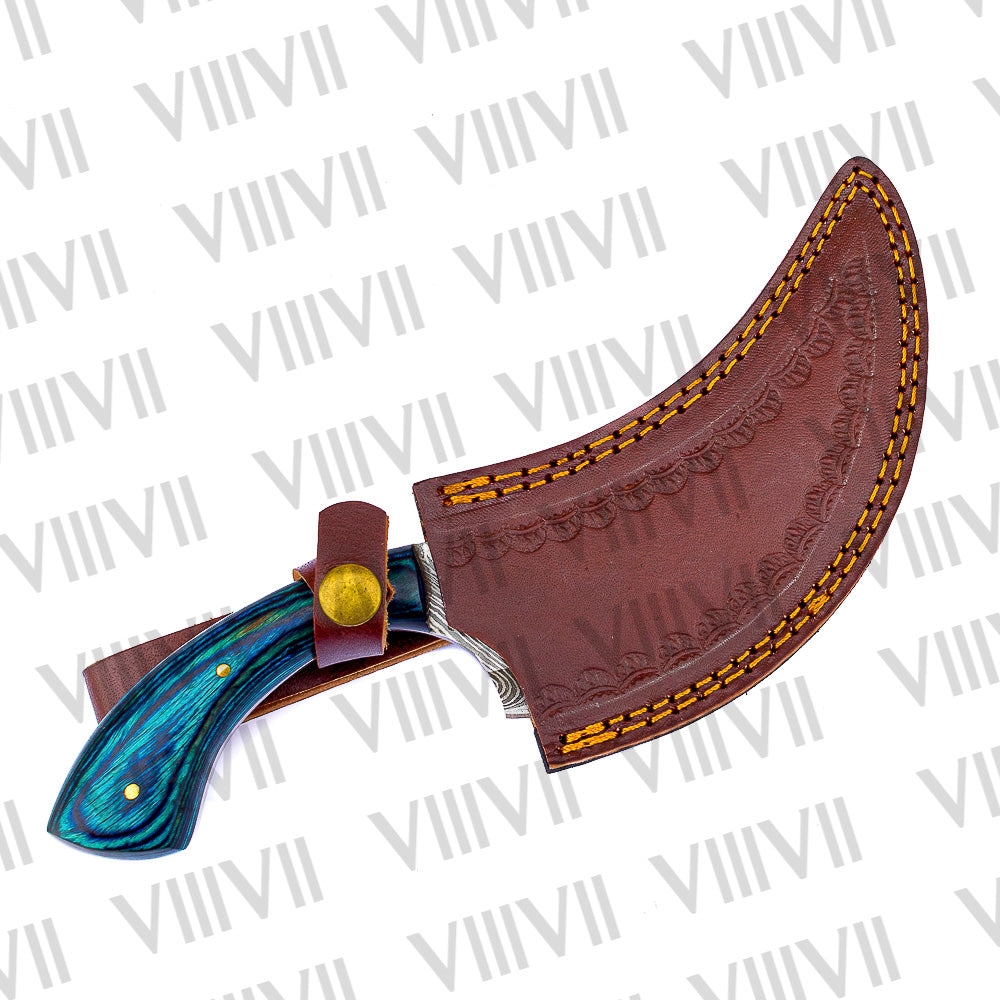 Handcrafted Herbs Knife with Damascus Steel Blade & Blue Wood Handle – Unique Kitchen Tool