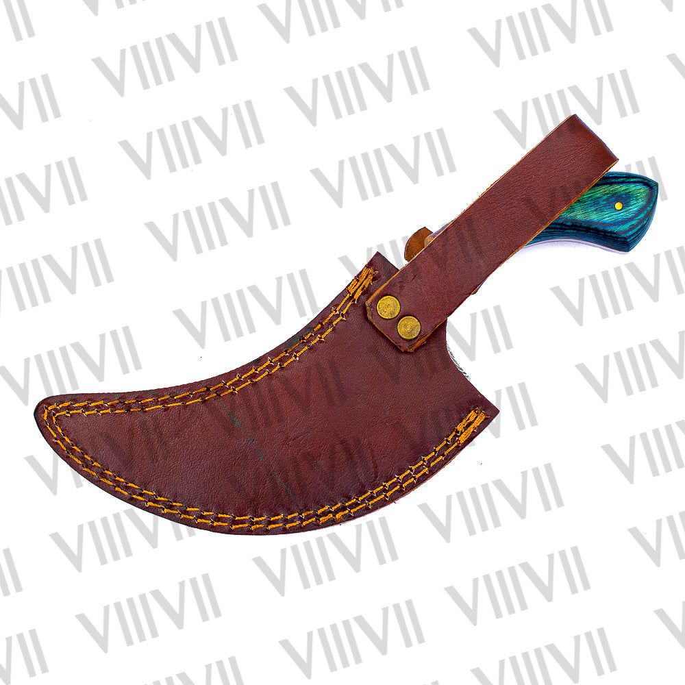 Handcrafted Herbs Knife with Damascus Steel Blade & Blue Wood Handle – Unique Kitchen Tool