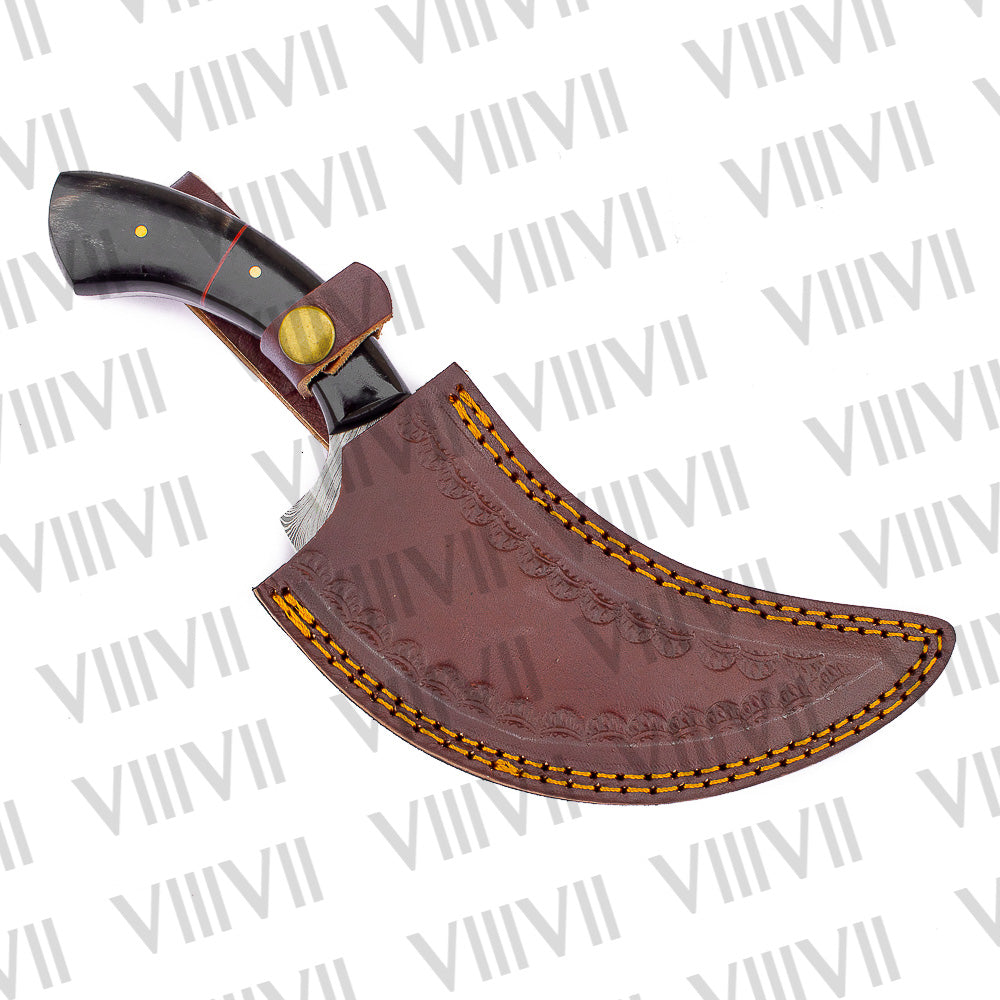 Medieval Herbs Knife with Damascus Steel Blade & Bull Horn Handle – 275 Layers, Handcrafted Kitchen Tool