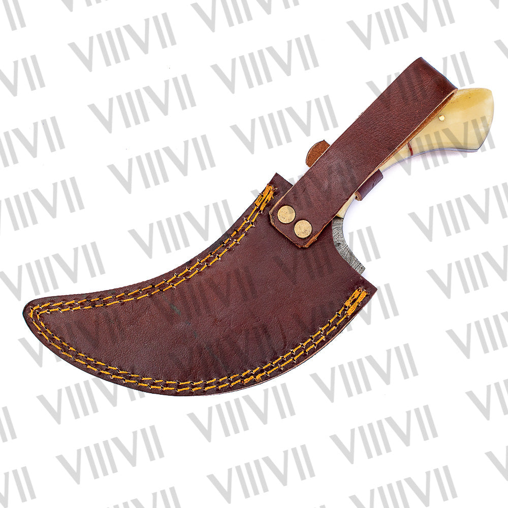Handcrafted Herbs Knife with Damascus Steel Blade & Bone Handle – Elegant Kitchen Tool