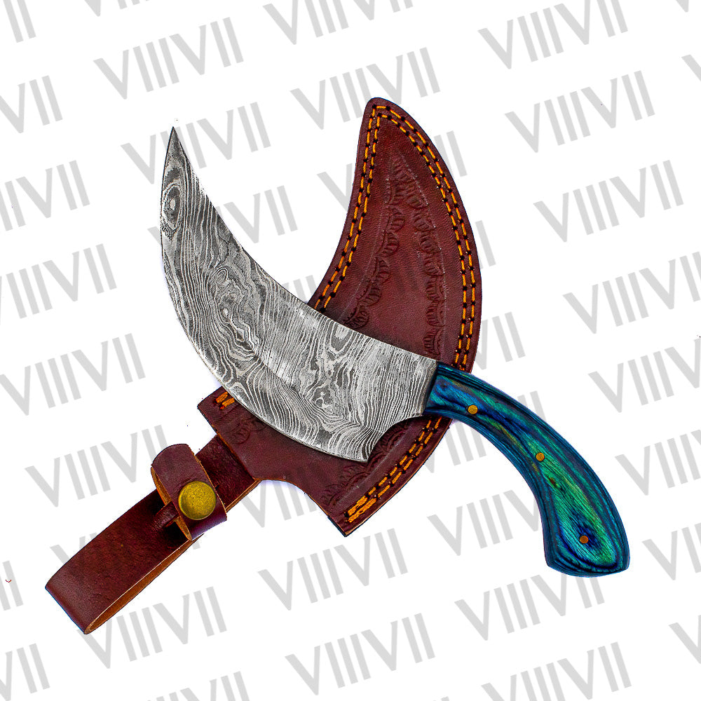 Handcrafted Herbs Knife with Damascus Steel Blade & Blue Wood Handle – Unique Kitchen Tool