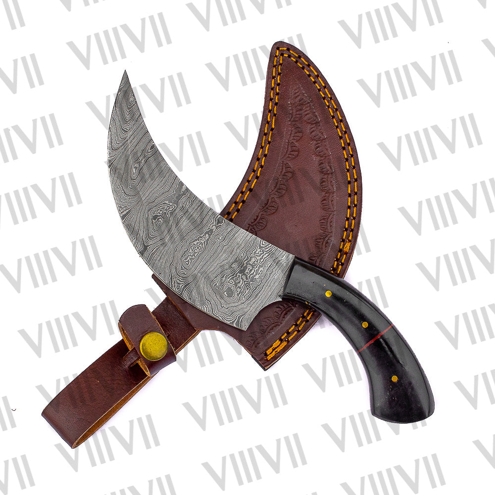 Medieval Herbs Knife with Damascus Steel Blade & Bull Horn Handle – 275 Layers, Handcrafted Kitchen Tool