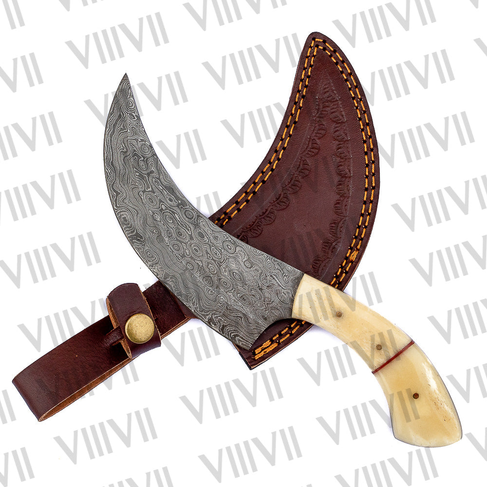 Handcrafted Herbs Knife with Damascus Steel Blade & Bone Handle – Elegant Kitchen Tool