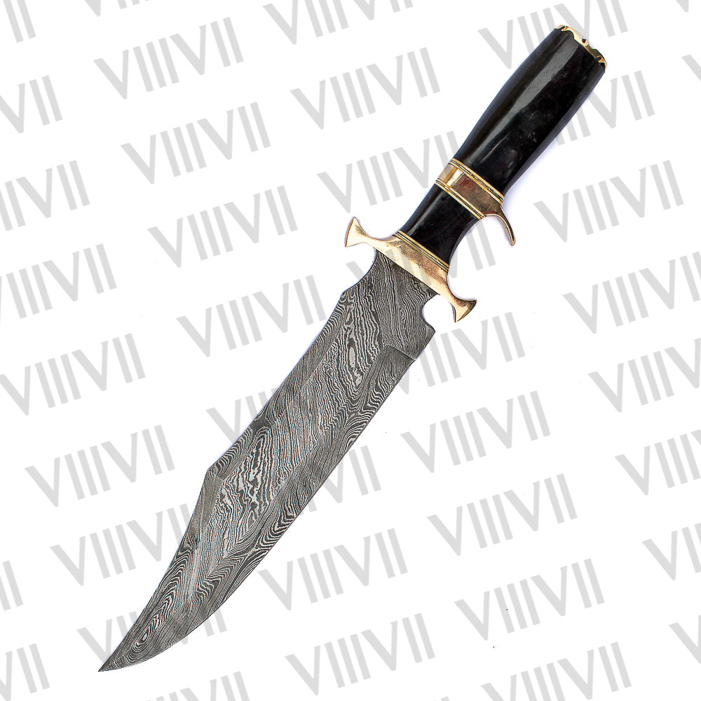 Damascus Steel Bowie Knife – Hand Forged with Bull Horn Handle & Double Brass Hilt | Gift for Collectors & Hunters