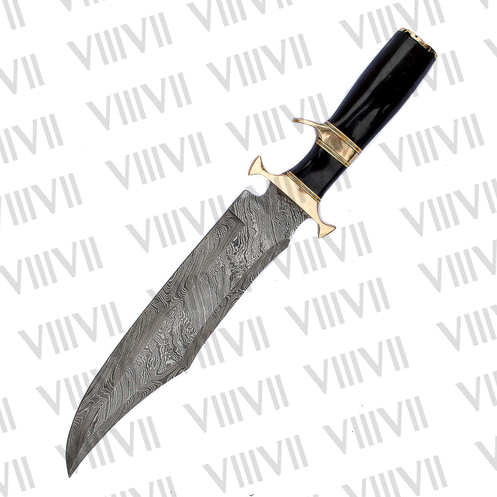 Damascus Steel Bowie Knife – Hand Forged with Bull Horn Handle & Double Brass Hilt | Gift for Collectors & Hunters