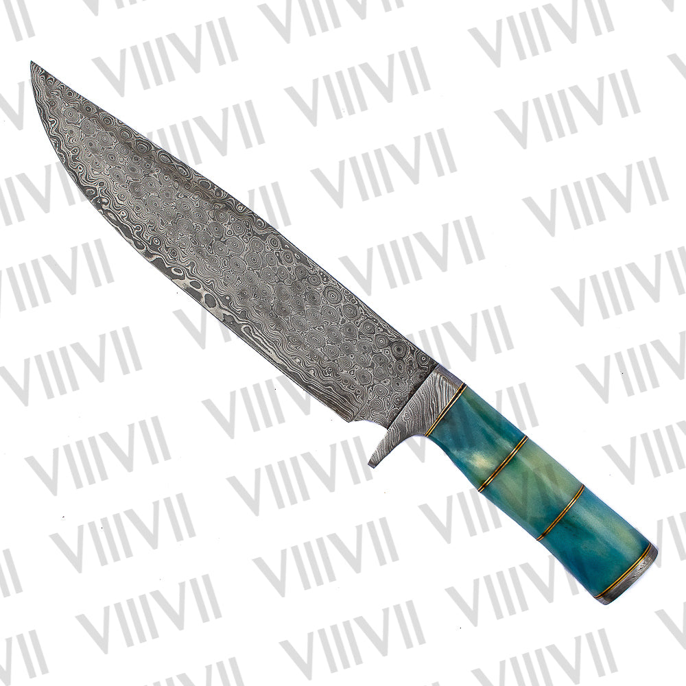 Damascus Steel Bowie Knife – Blue Dyed Bone Handle with Brass Spacers & Leather Sheath | Gift for Collectors & Hunters