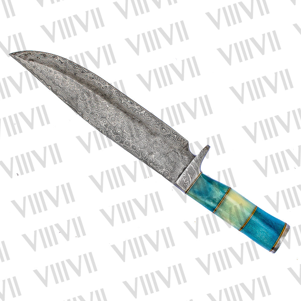 Damascus Steel Bowie Knife – Blue Dyed Bone Handle with Brass Spacers & Leather Sheath | Gift for Collectors & Hunters