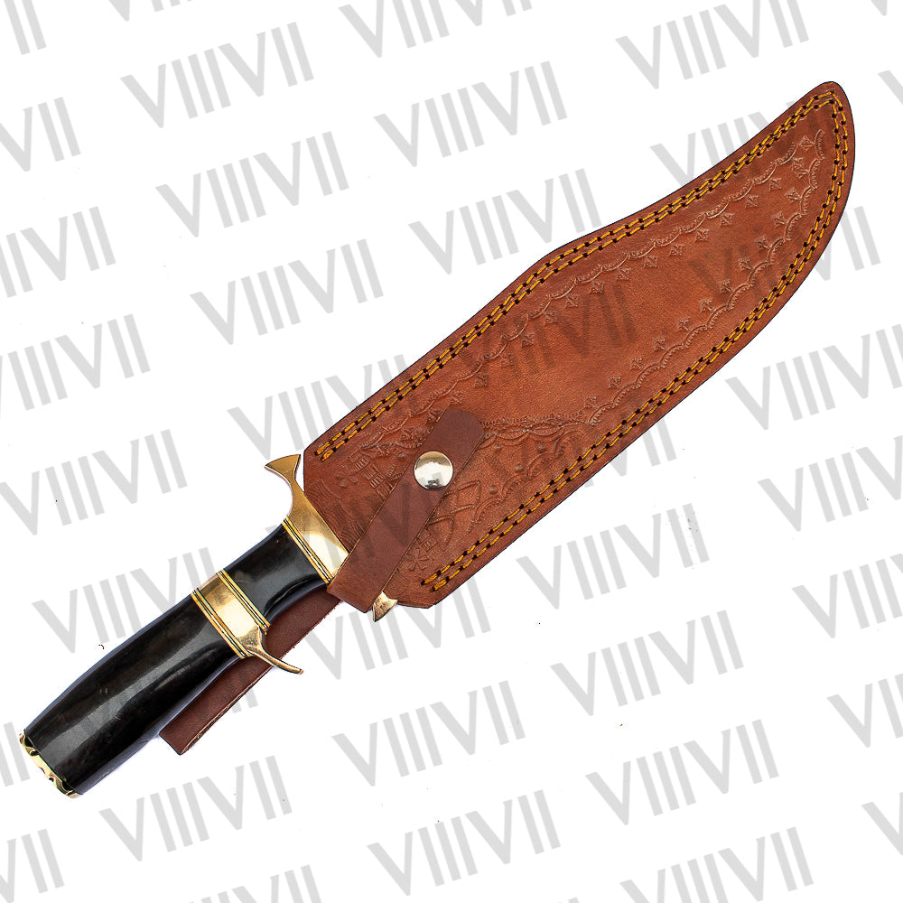 Damascus Steel Bowie Knife – Hand Forged with Bull Horn Handle & Double Brass Hilt | Gift for Collectors & Hunters