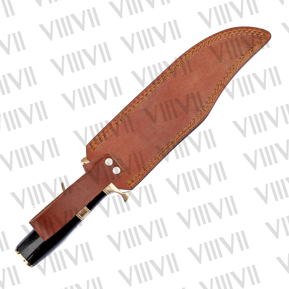 Damascus Steel Bowie Knife – Hand Forged with Bull Horn Handle & Double Brass Hilt | Gift for Collectors & Hunters